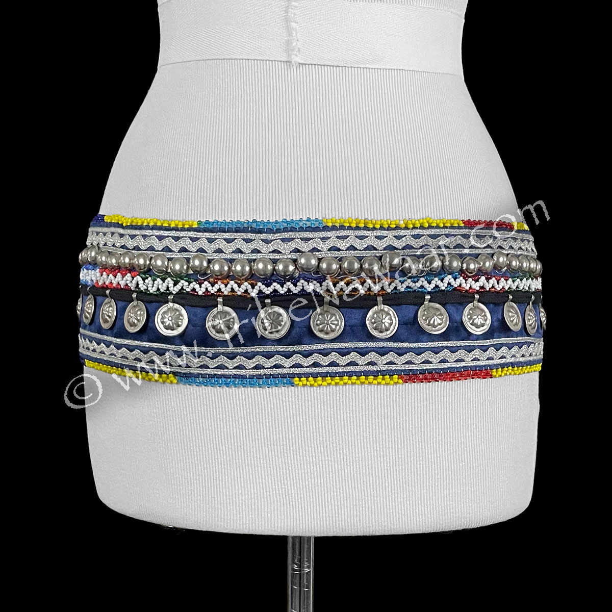 Dark Blue Textile Belt With Flower Tabs (Consignment chrai2-6)