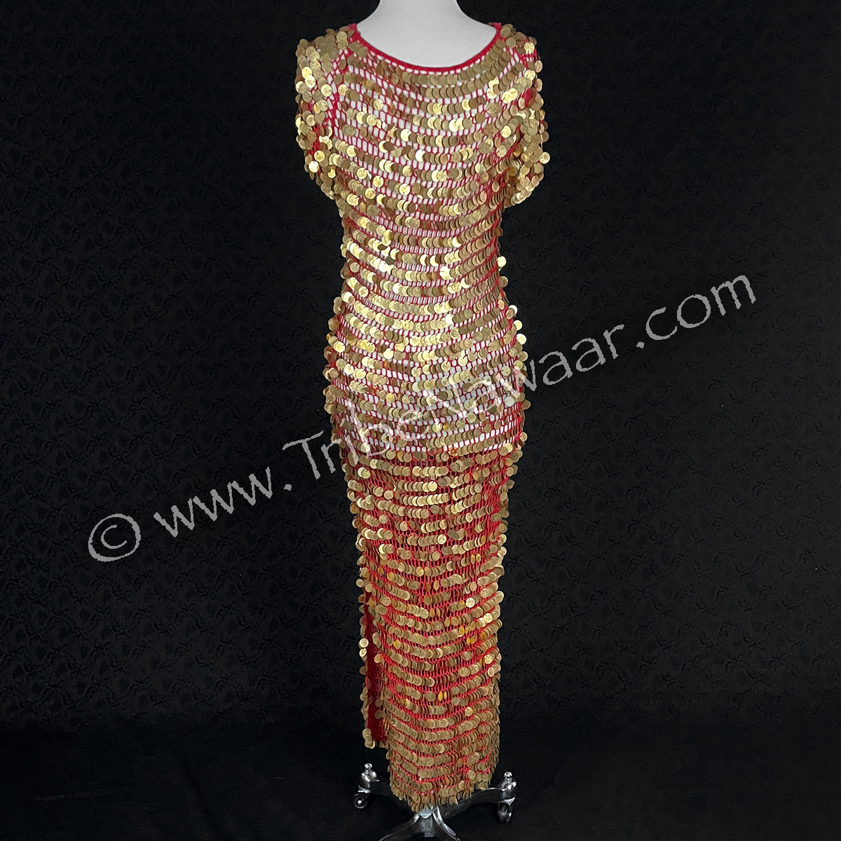 Red Crochet Dress With Antique Gold Tone Coins (Consignment dearich1-7)