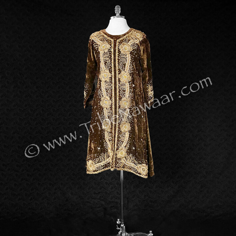 Chocolate Velvet Tunic With Gold & Pearl Accents (Consignment spegor260721)