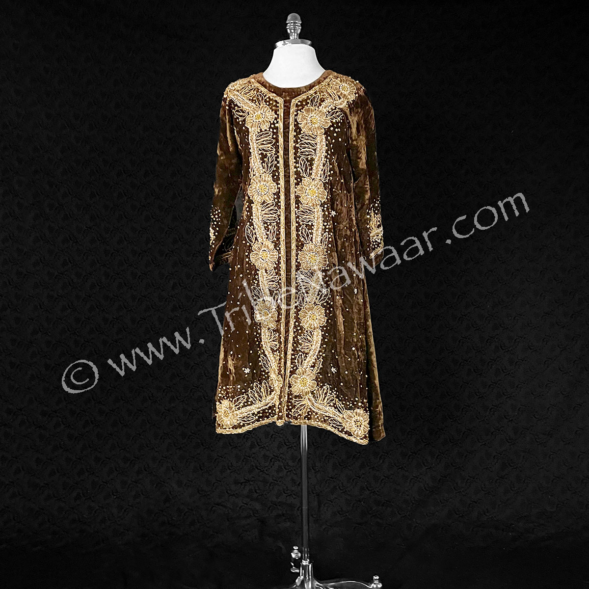 Chocolate Velvet Tunic With Gold & Pearl Accents (Consignment spegor260721)