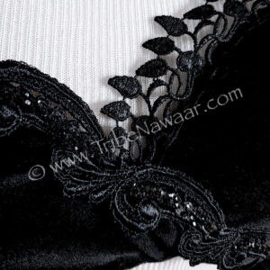Black velvet fusion belly dance bra for tribal belly dance available on consignment from The Nawaar Marketplace at www.TribeNawaar.com (detail)